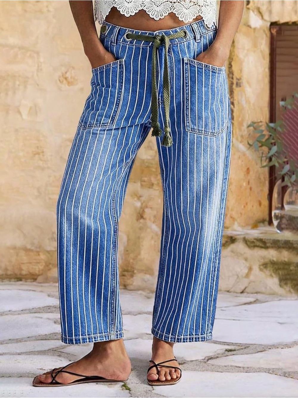 Flamingals High Waist Barrel Leg Jeans for Women Pinstripe Drawstring Casual XL